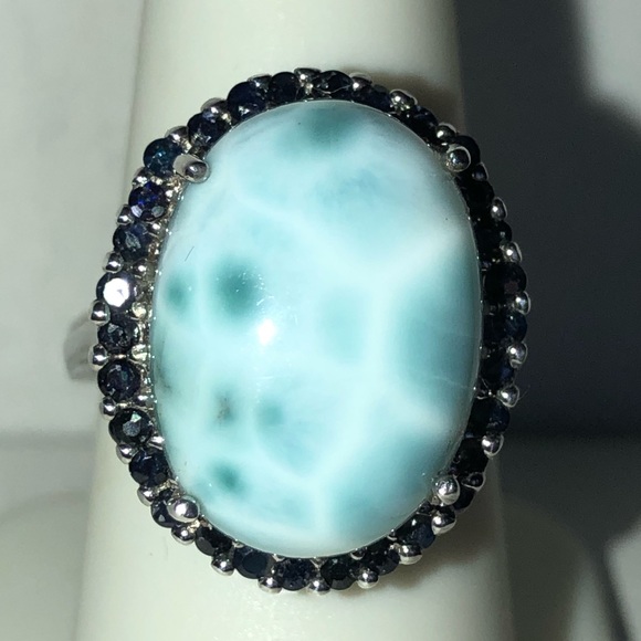 Larimar & Blue Sapphire Gemstones in Platinum over Sterling Ring